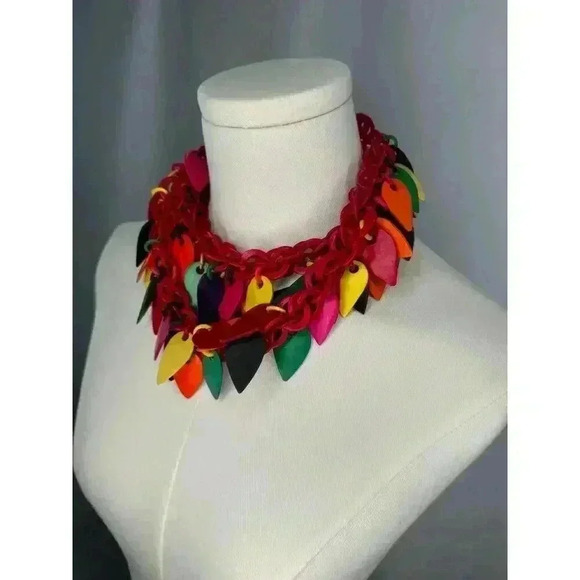 Statement Vtg Retro MOD Red Green Yellow Cluster Necklace - Picture 1 of 10